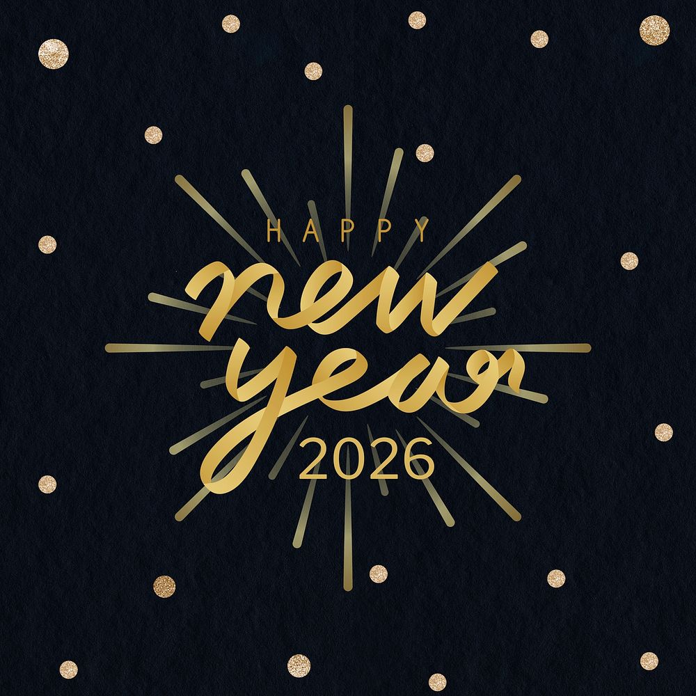 2026 gold glitter happy new year aesthetic season's greetings text on black background