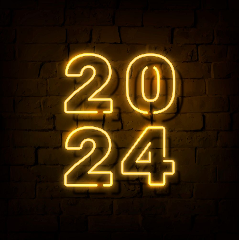 2024 gold neon happy new year aesthetic season's greetings text on dark background