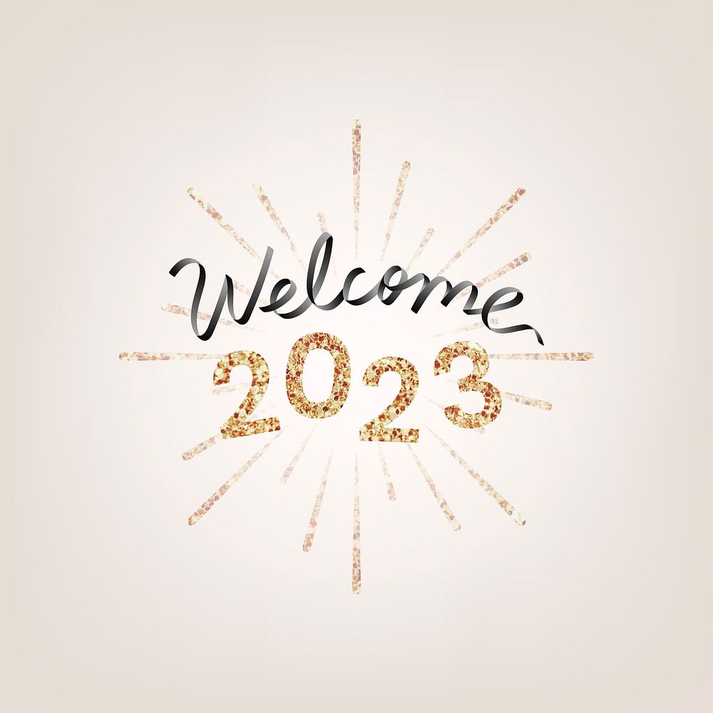 2023 gold glitter welcome new year text, aesthetic typography on gold background vector