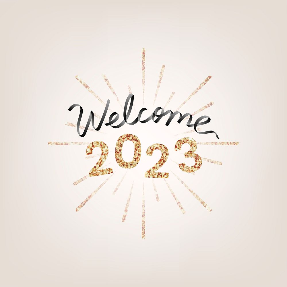 2023 gold glitter welcome new year text, aesthetic typography on gold background
