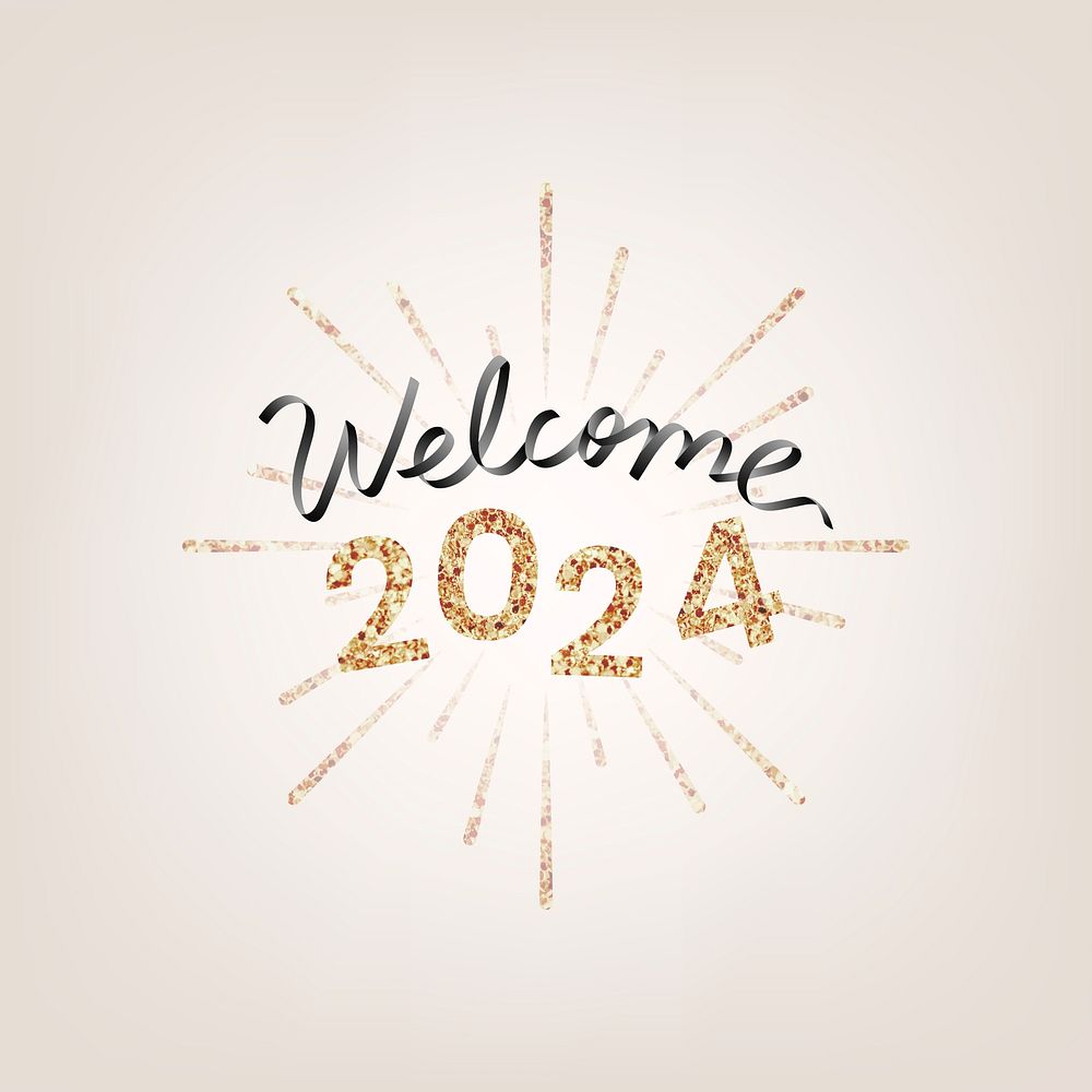2024 gold glitter welcome new year text, aesthetic typography on gold background