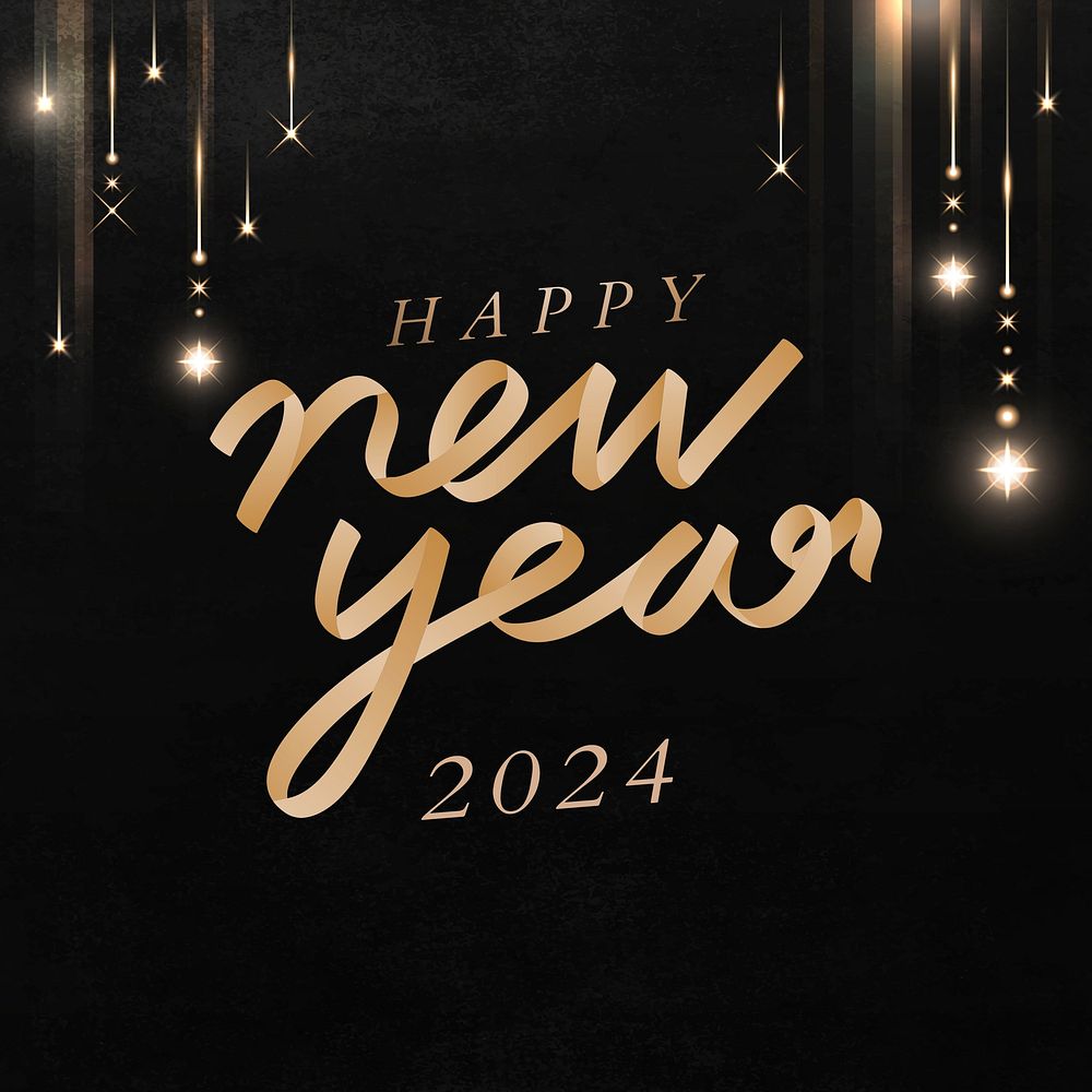 2024 gold glitter happy new year season's greetings text on black background vector