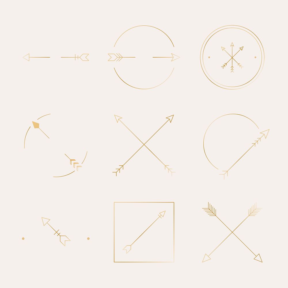 Arrow logo element, minimal gold vector design set