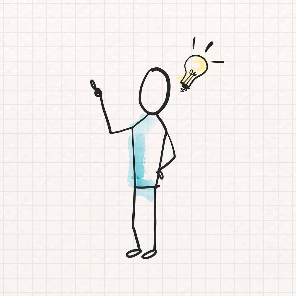 New idea, cartoon person with light bulb doodle vector