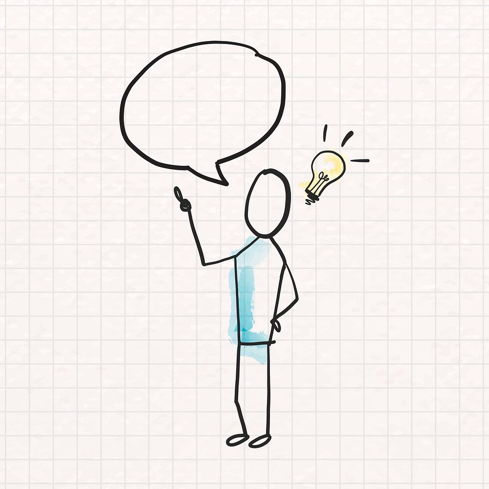 Man sharing ideas, blank speech bubble with light bulb doodle vector