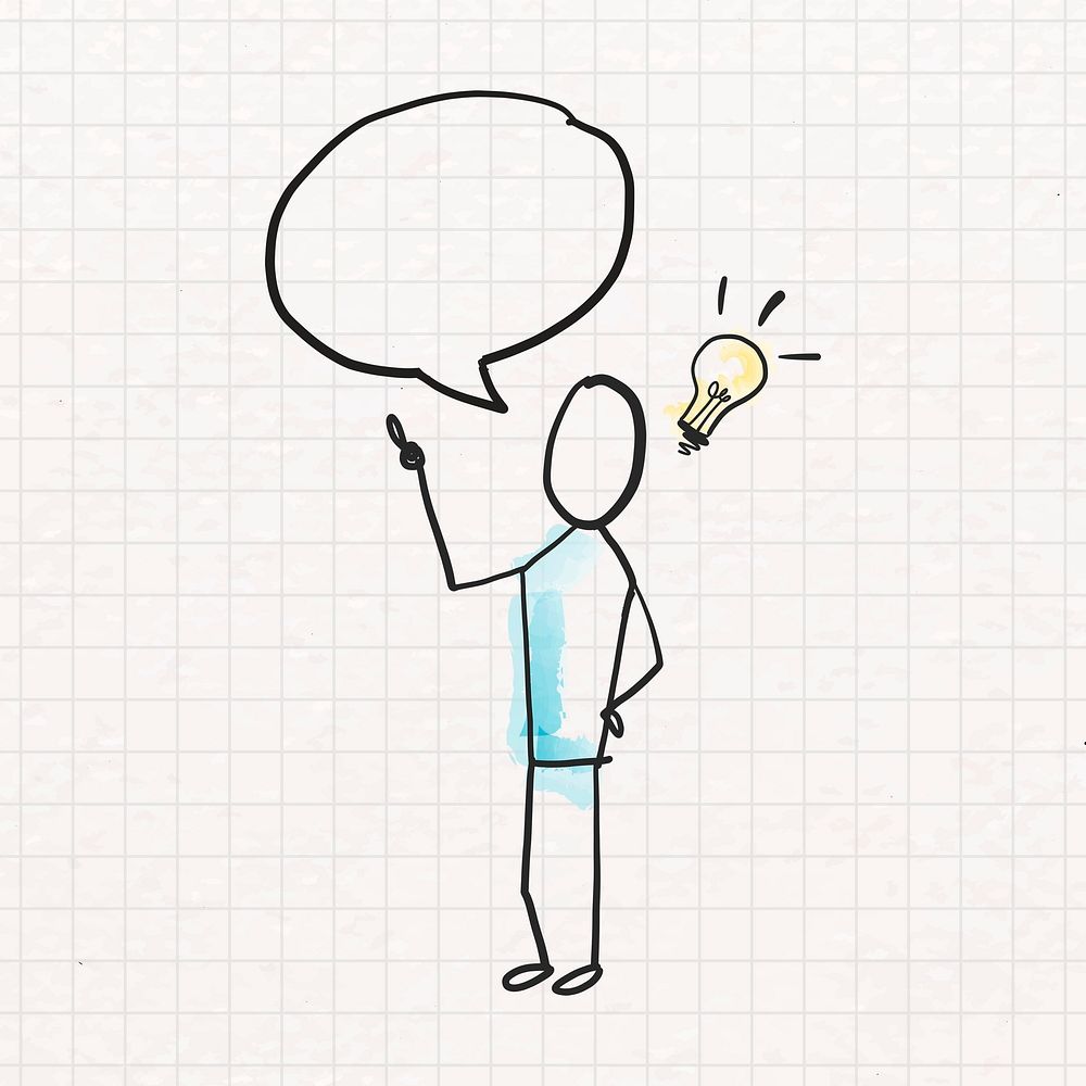 Man sharing ideas, blank speech bubble with light bulb doodle psd