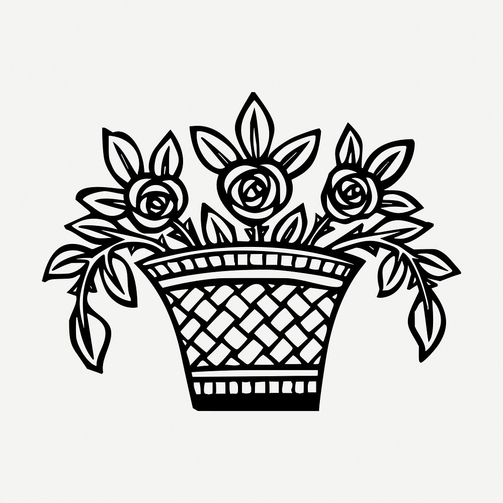 Flower basket drawing, vintage botanical illustration psd. Free public domain CC0 image.