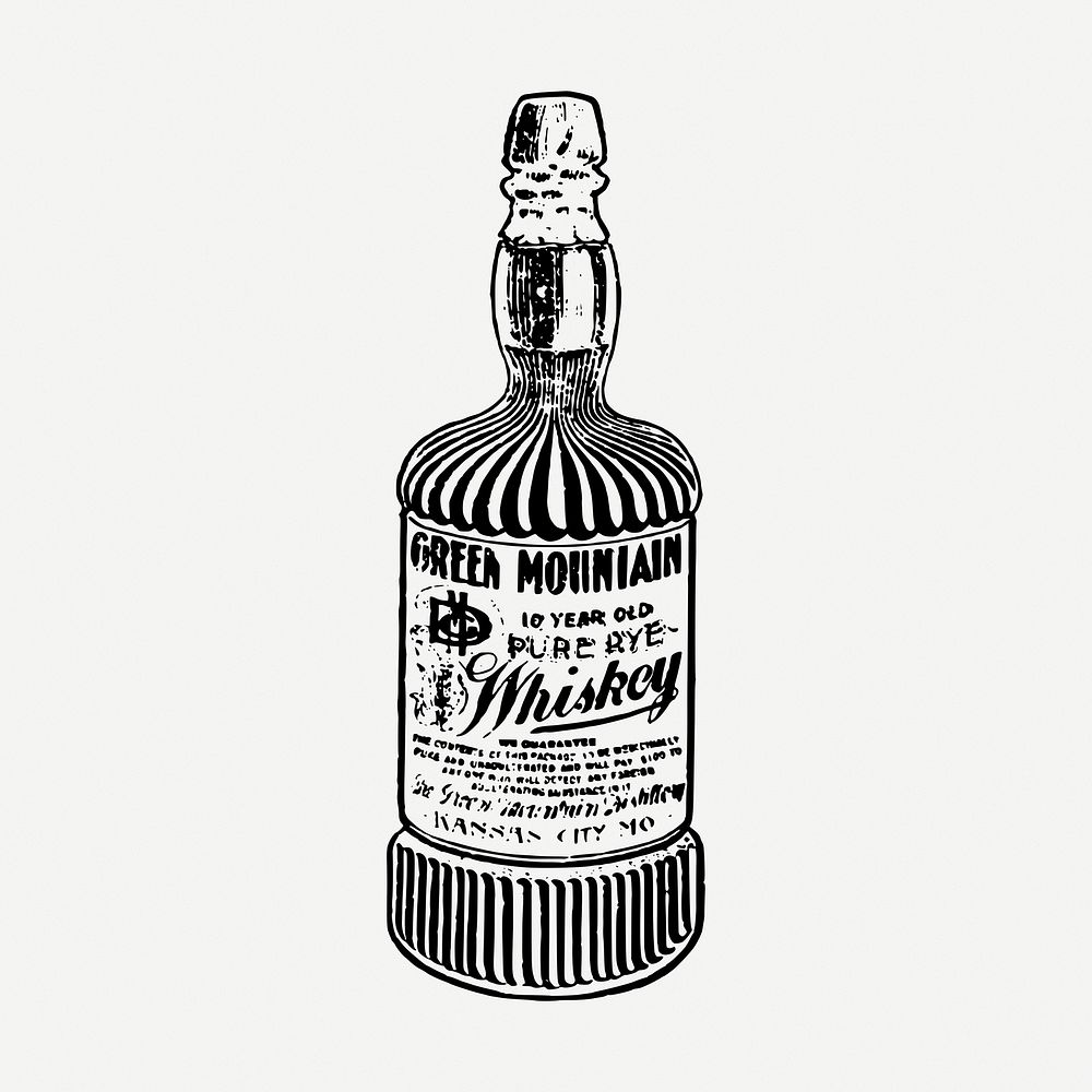 Whiskey bottle drawing, alcoholic beverage illustration psd. Free public domain CC0 image.