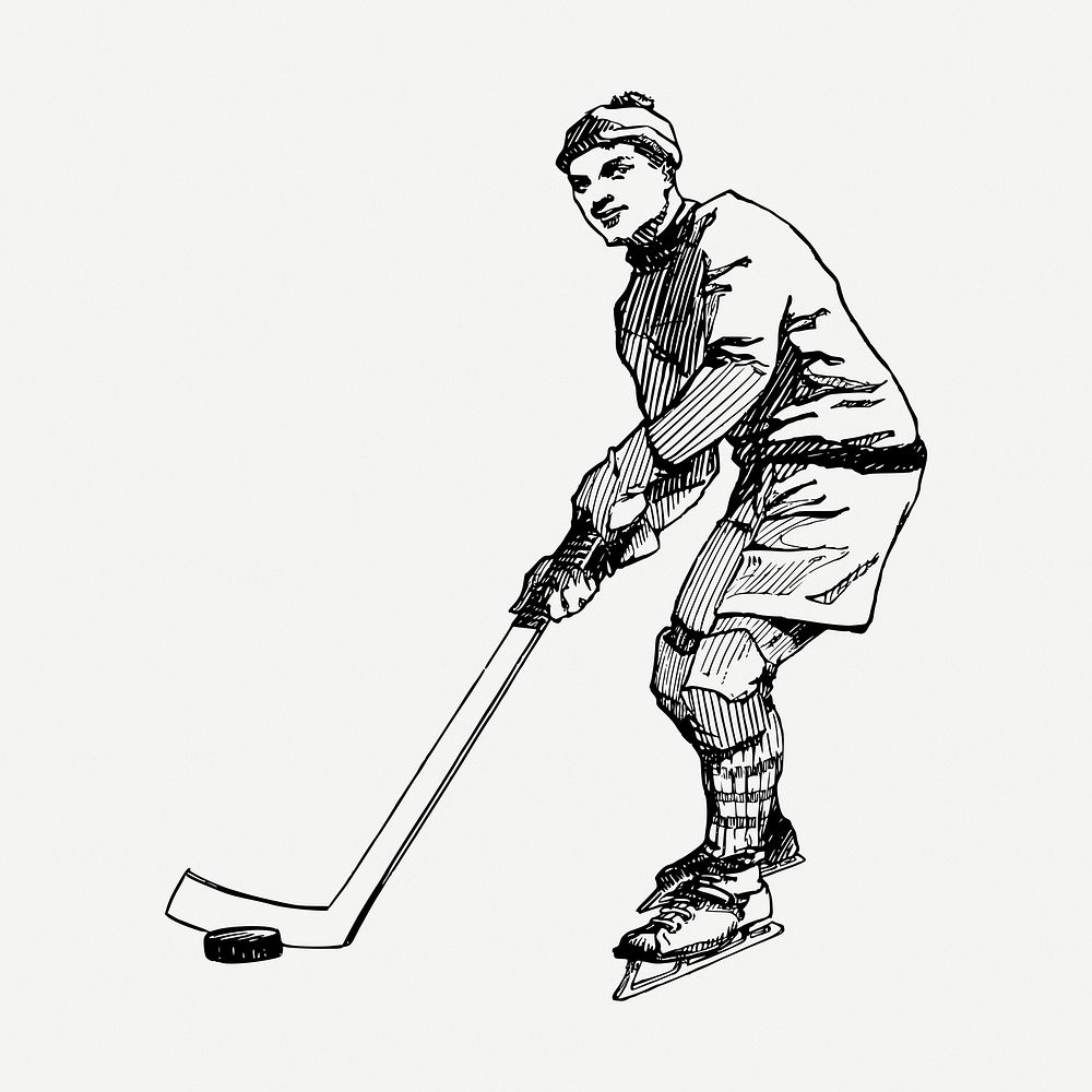 Hockey player drawing, vintage sport illustration psd. Free public domain CC0 image.