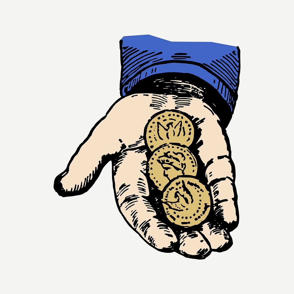 Hand holding coins collage element, vintage finance illustration psd. Free public domain CC0 image.
