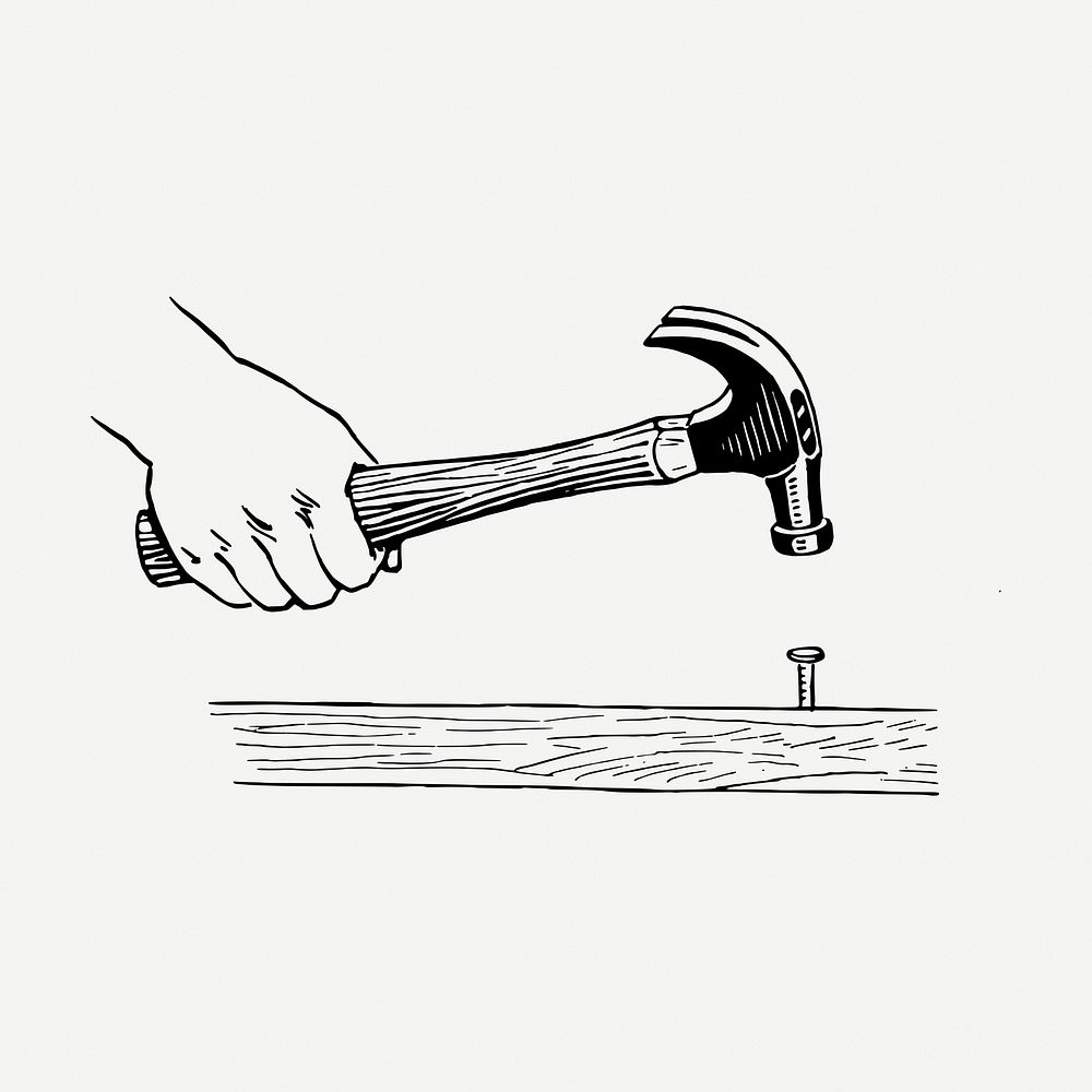 Hand holding hammer drawing, vintage illustration psd. Free public domain CC0 image.