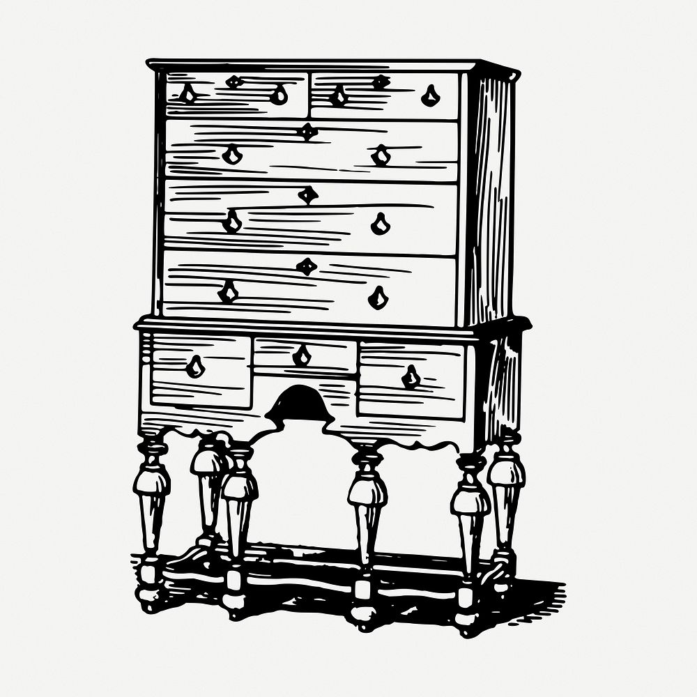 Wooden drawers drawing, vintage furniture illustration psd. Free public domain CC0 image.