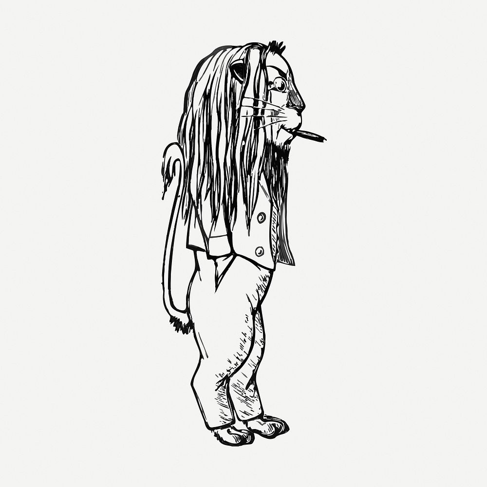 Smoking lion drawing, vintage cartoon illustration psd. Free public domain CC0 image.