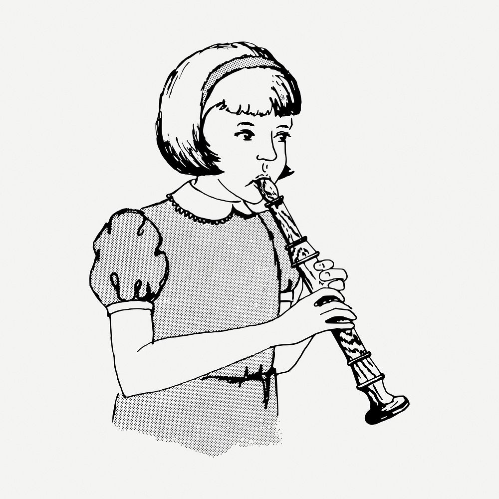 Girl playing flute drawing, vintage music illustration psd. Free public domain CC0 image.