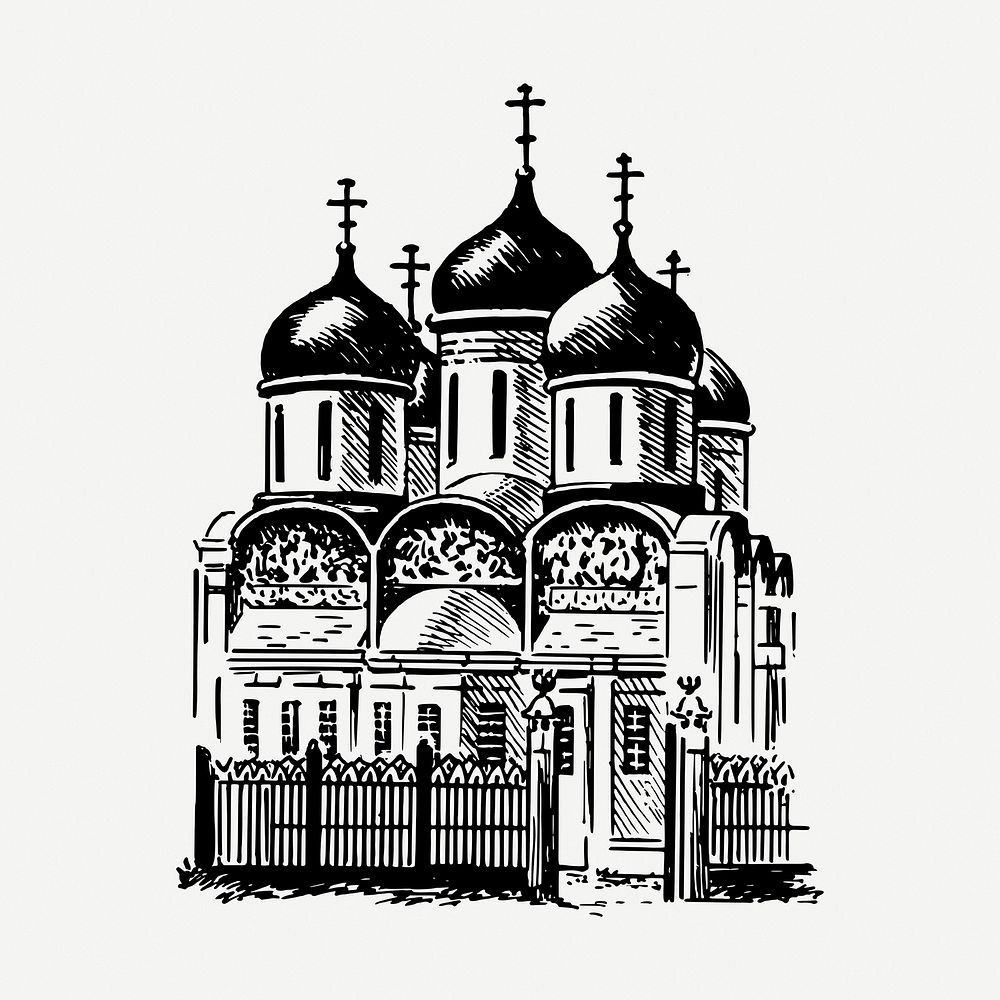 Russian buildings drawing, Byzantine architecture illustration psd. Free public domain CC0 image.