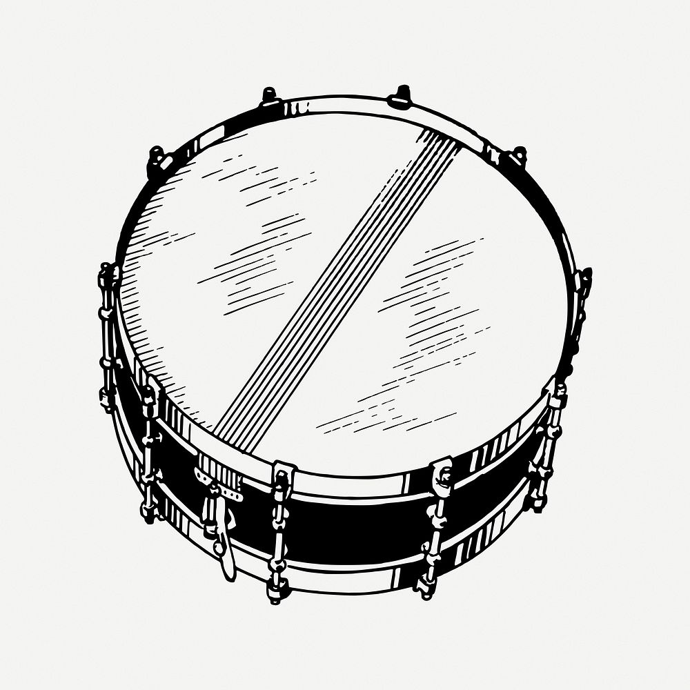 Snare drum drawing, vintage musical instrument illustration psd. Free public domain CC0 image.