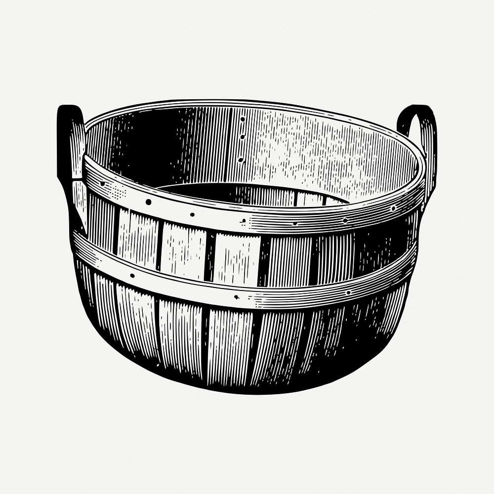 Wooden bucket drawing, vintage object illustration psd. Free public domain CC0 image.