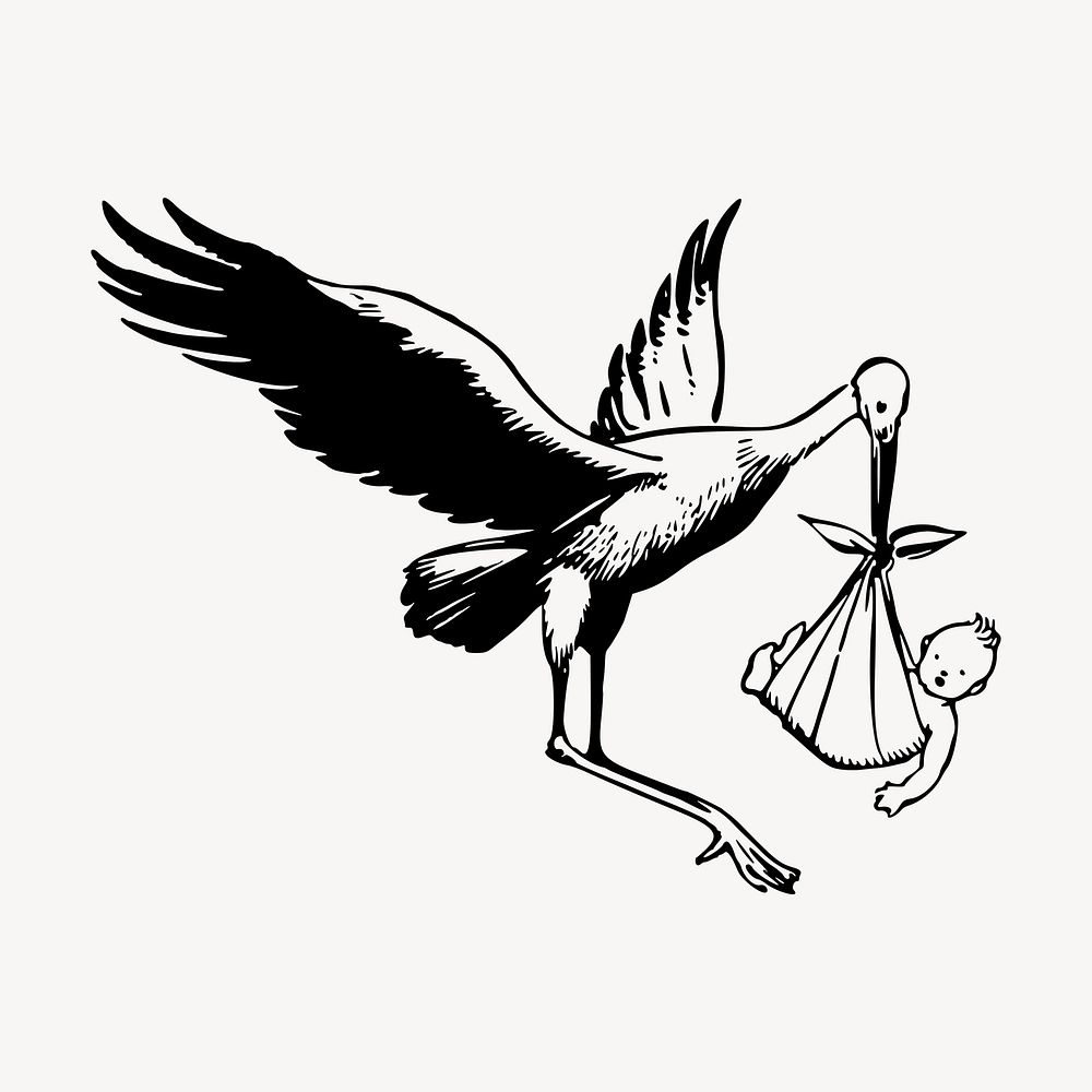 Flying stork with baby clipart, vintage bird illustration vector. Free public domain CC0 image.