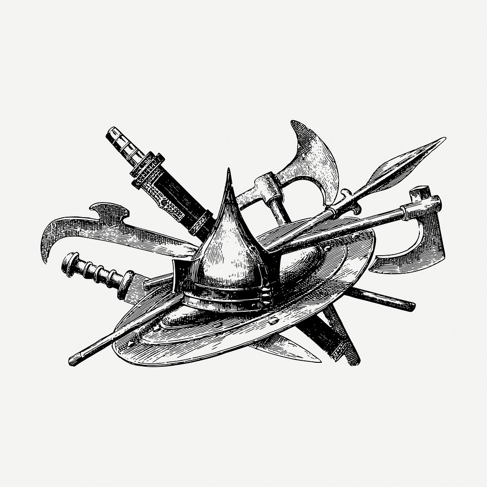 Medieval weapons drawing, vintage object illustration psd. Free public domain CC0 image.