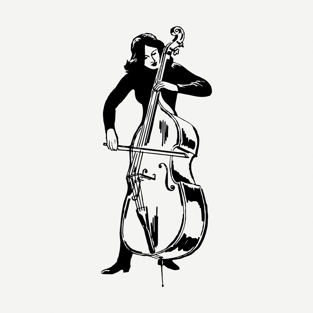 Female cellist drawing, vintage music illustration psd. Free public domain CC0 image.