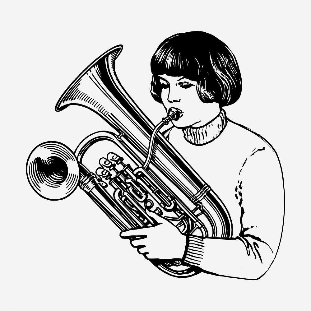Euphonium girl drawing, vintage music illustration psd. Free public domain CC0 image.