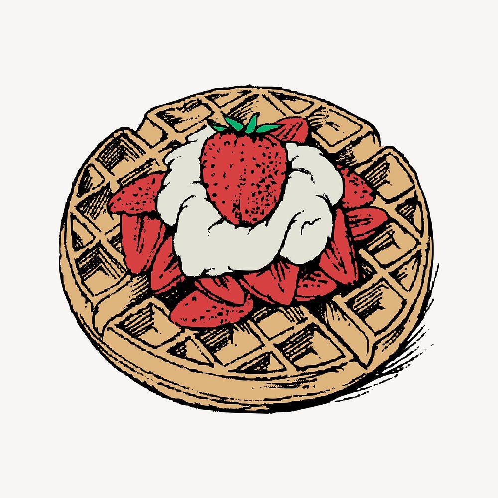 Strawberry waffle clipart, vintage dessert illustration vector. Free public domain CC0 image.