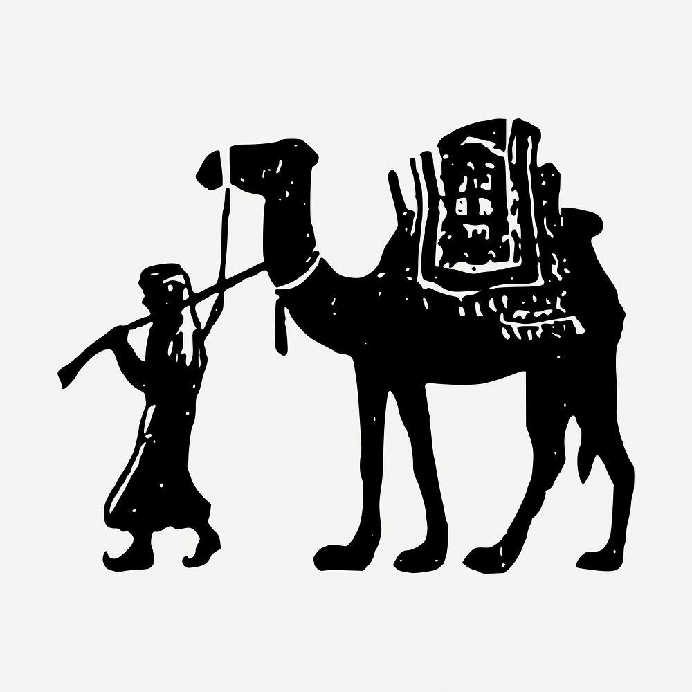 Man pulling camel drawing, vintage transportation illustration psd. Free public domain CC0 image.