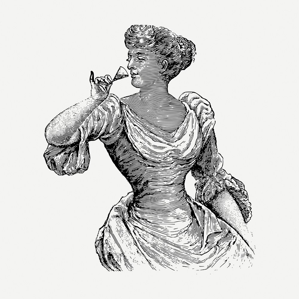 Victorian woman drinking drawing, vintage illustration psd. Free public domain CC0 image.