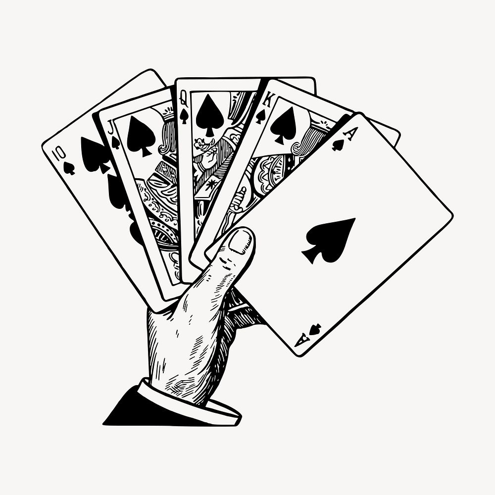 Hand holding play cards drawing, vintage illustration vector. Free public domain CC0 image.
