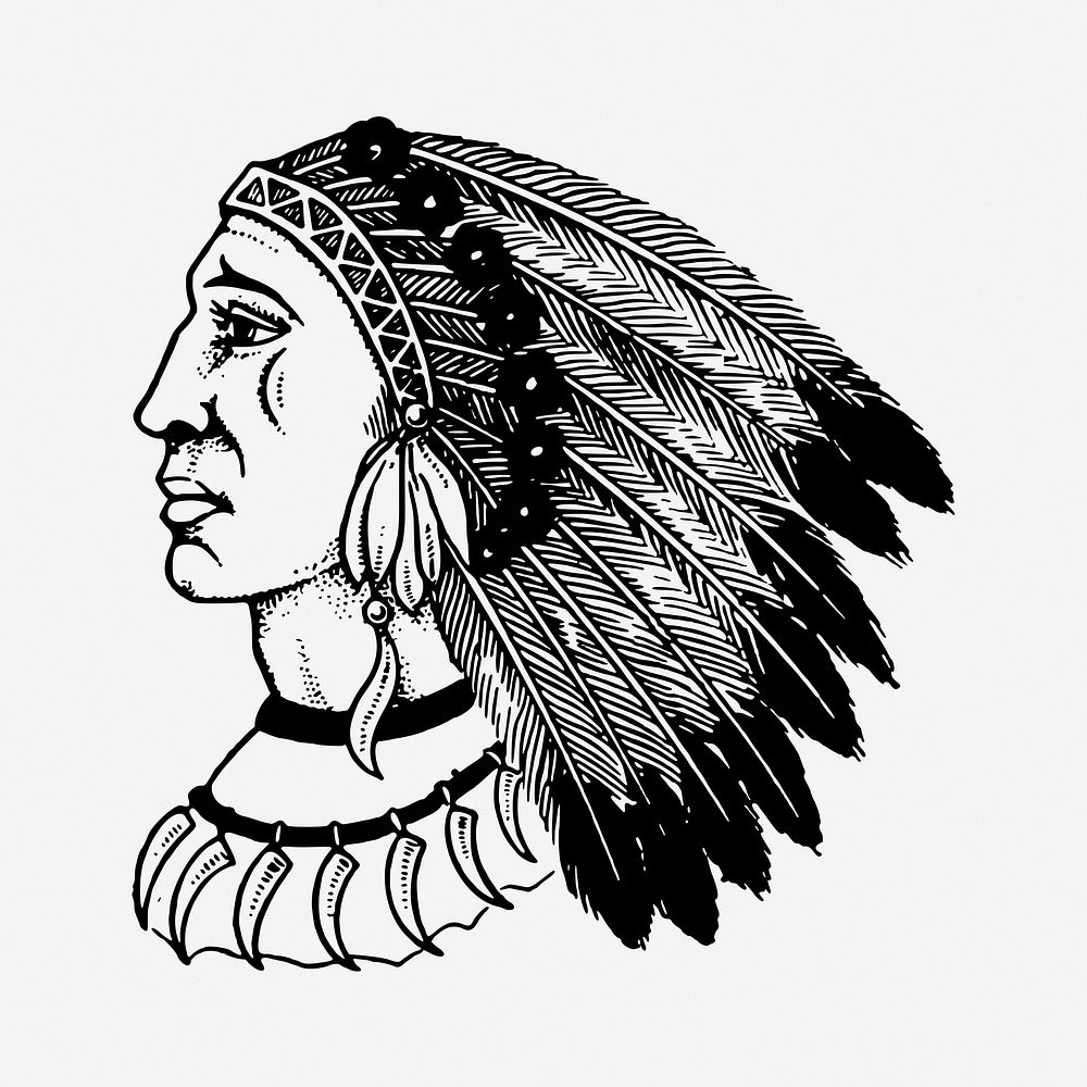 Native American man drawing, vintage portrait illustration. Free public domain CC0 image.