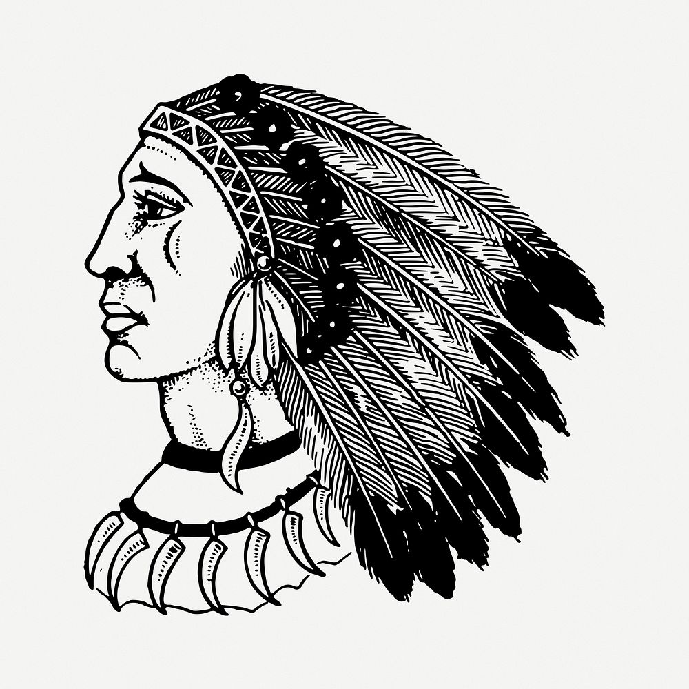 Native American man drawing, vintage portrait illustration psd. Free public domain CC0 image.