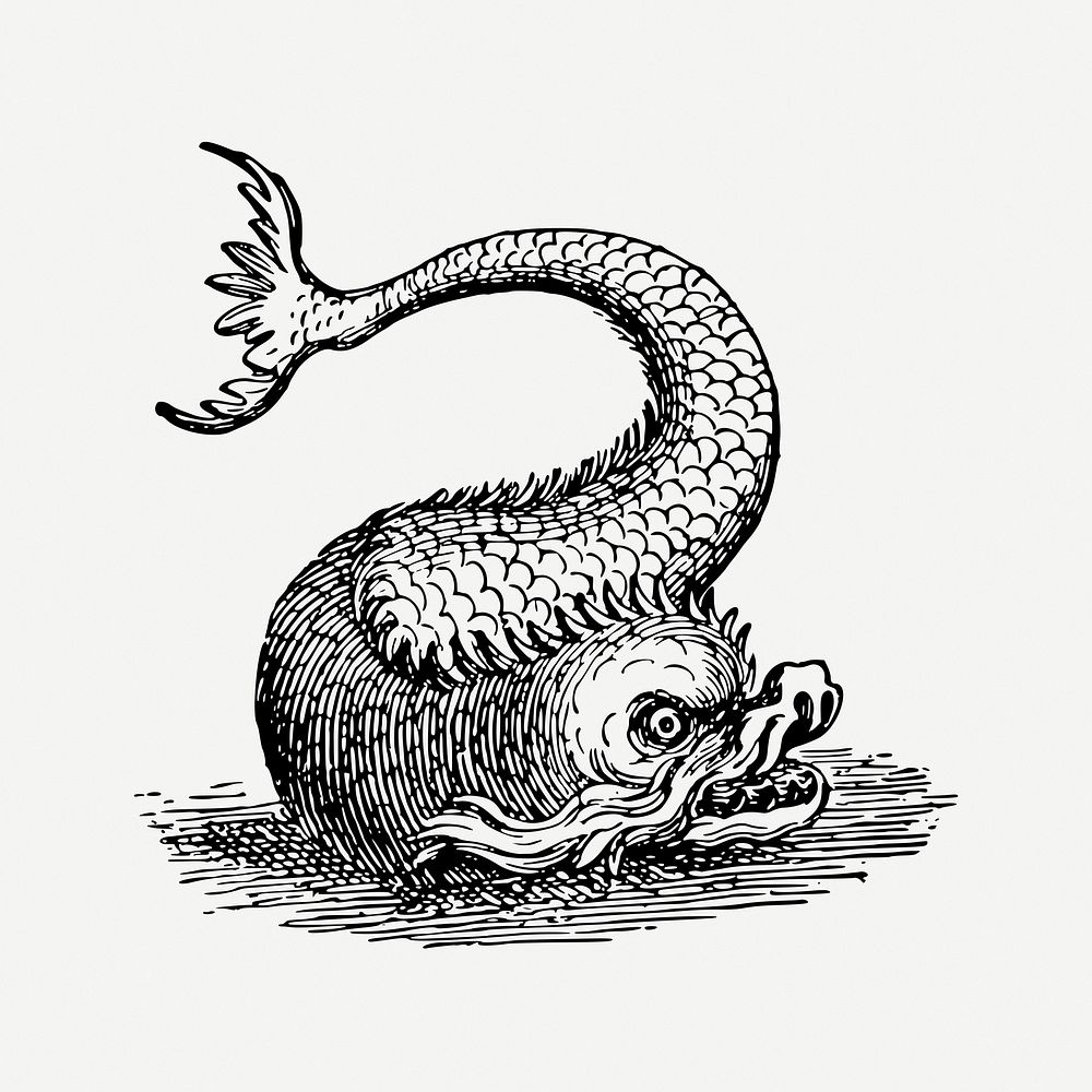 Fish monster drawing, vintage mythical creature illustration psd. Free public domain CC0 image.