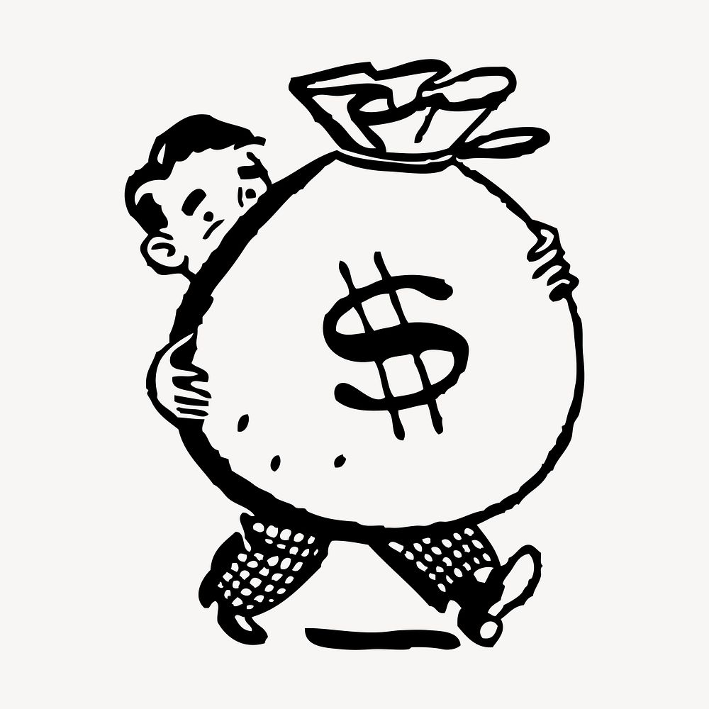 Man carrying money bag drawing, vintage finance illustration vector. Free public domain CC0 image.
