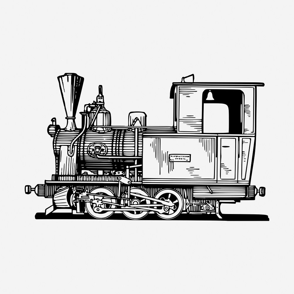 Locomotive train drawing, vintage transportation illustration. Free public domain CC0 image.