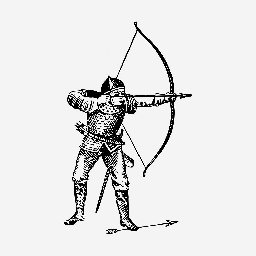 Knight archer drawing, medieval illustration. Free public domain CC0 image.