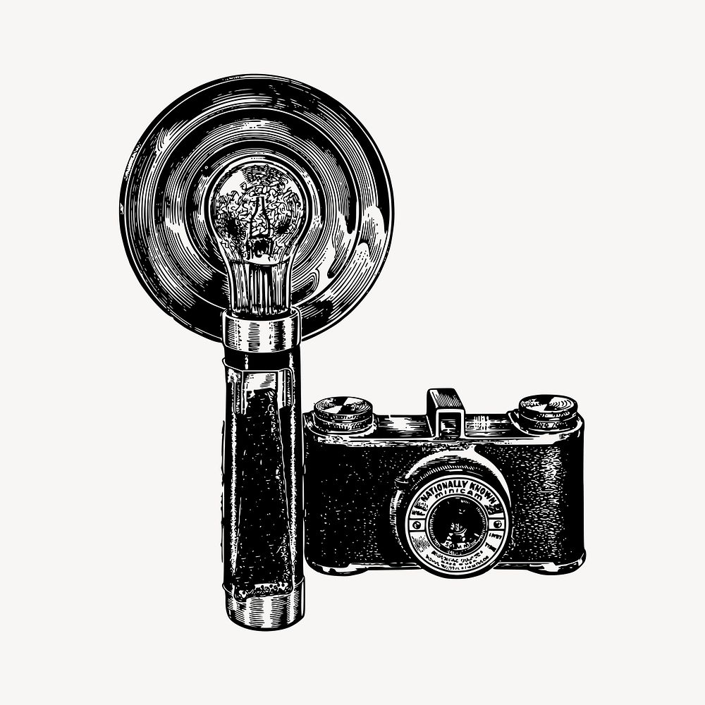 Old flash camera drawing, vintage object illustration vector. Free public domain CC0 image.