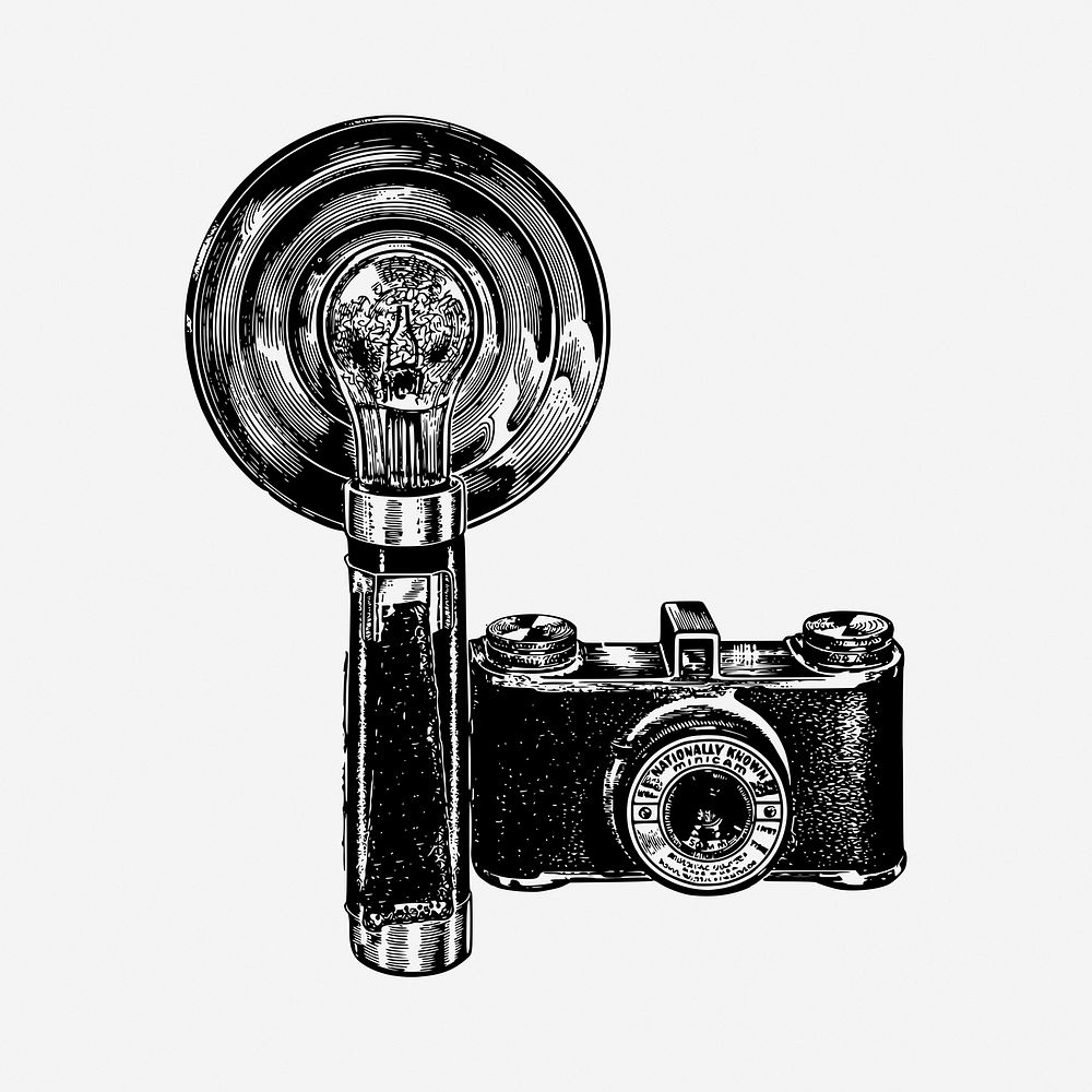 Old flash camera drawing, vintage object illustration. Free public domain CC0 image.