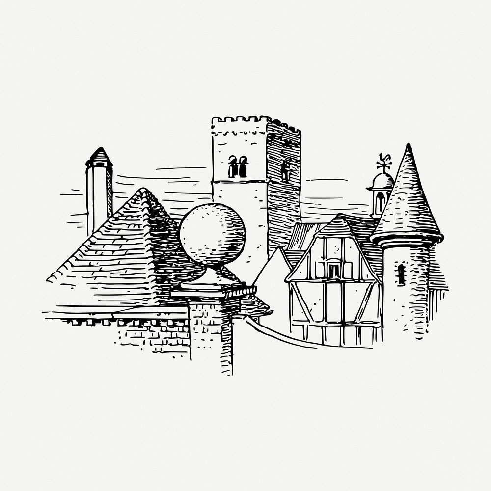 Medieval castle drawing, vintage architecture illustration psd. Free public domain CC0 image.