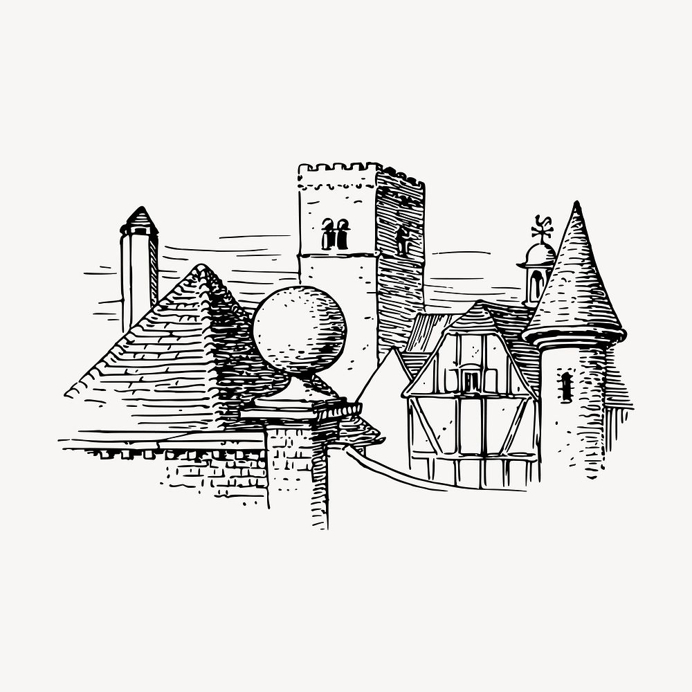 Medieval castle  drawing, vintage architecture illustration vector. Free public domain CC0 image.