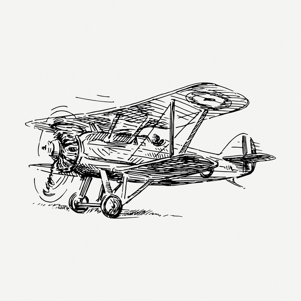 Biplane drawing, vintage vehicle illustration psd. Free public domain CC0 image.
