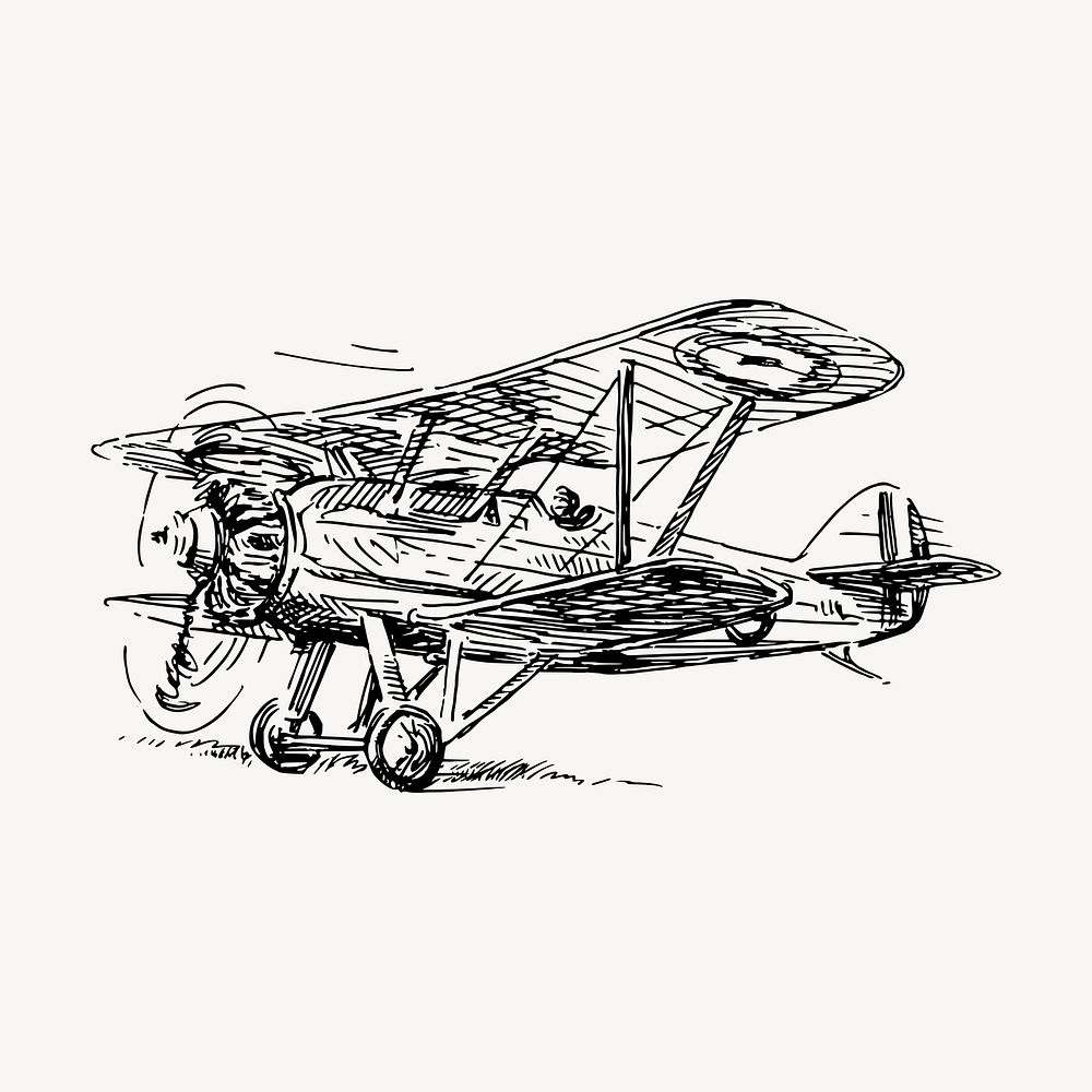 Biplane drawing, vintage vehicle illustration vector. Free public domain CC0 image.