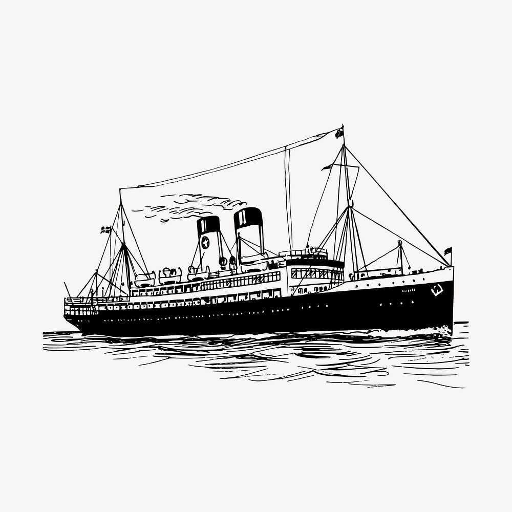 Steamship drawing, vintage vehicle illustration vector. Free public domain CC0 image.