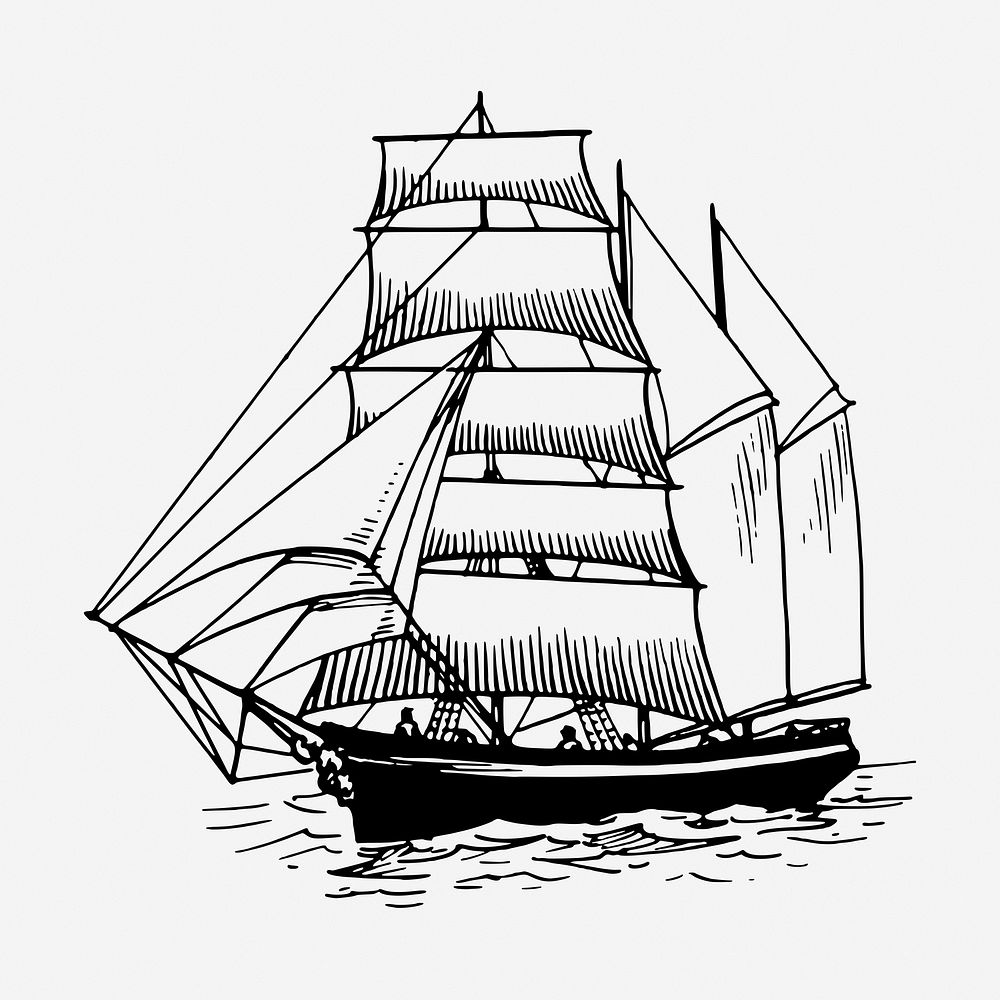 Sailing ship drawing, vintage vehicle illustration. Free public domain CC0 image.