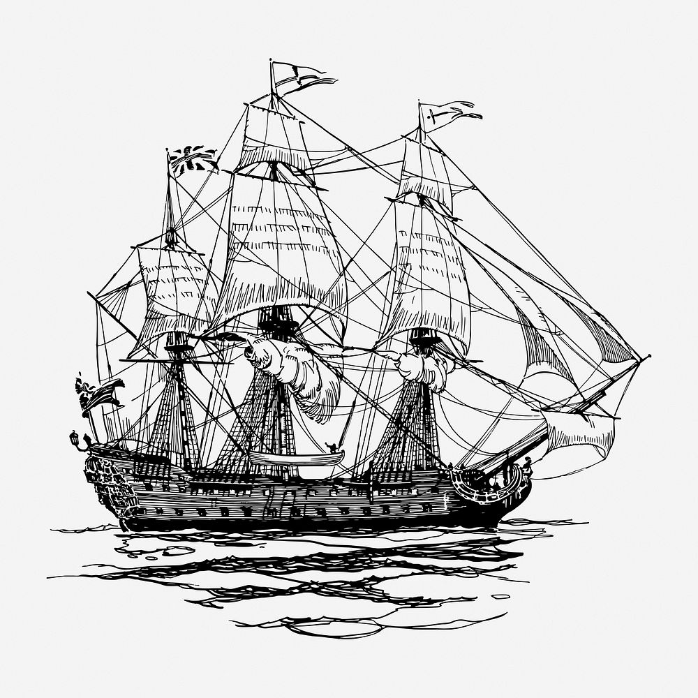 Sailing ship drawing, vintage vehicle illustration. Free public domain CC0 image.