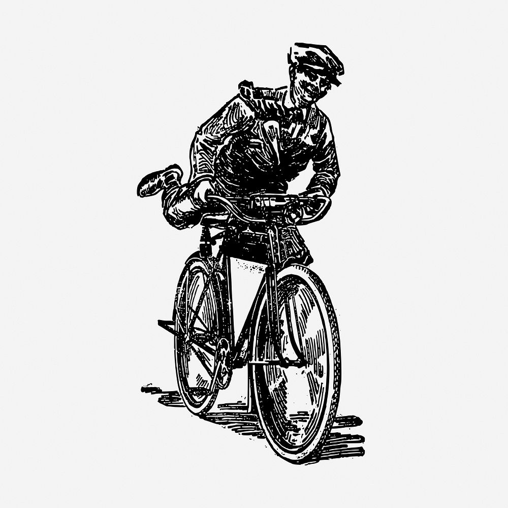 Delivery man riding bicycle drawing, vintage illustration. Free public domain CC0 image.