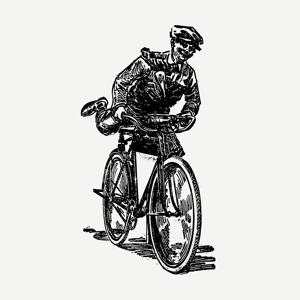 Delivery man riding bicycle drawing, vintage  illustration psd. Free public domain CC0 image.