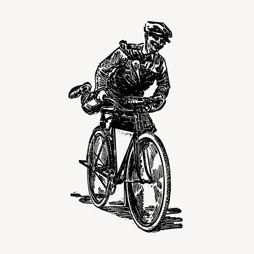 Delivery man riding bicycle drawing, vintage illustration vector. Free public domain CC0 image.