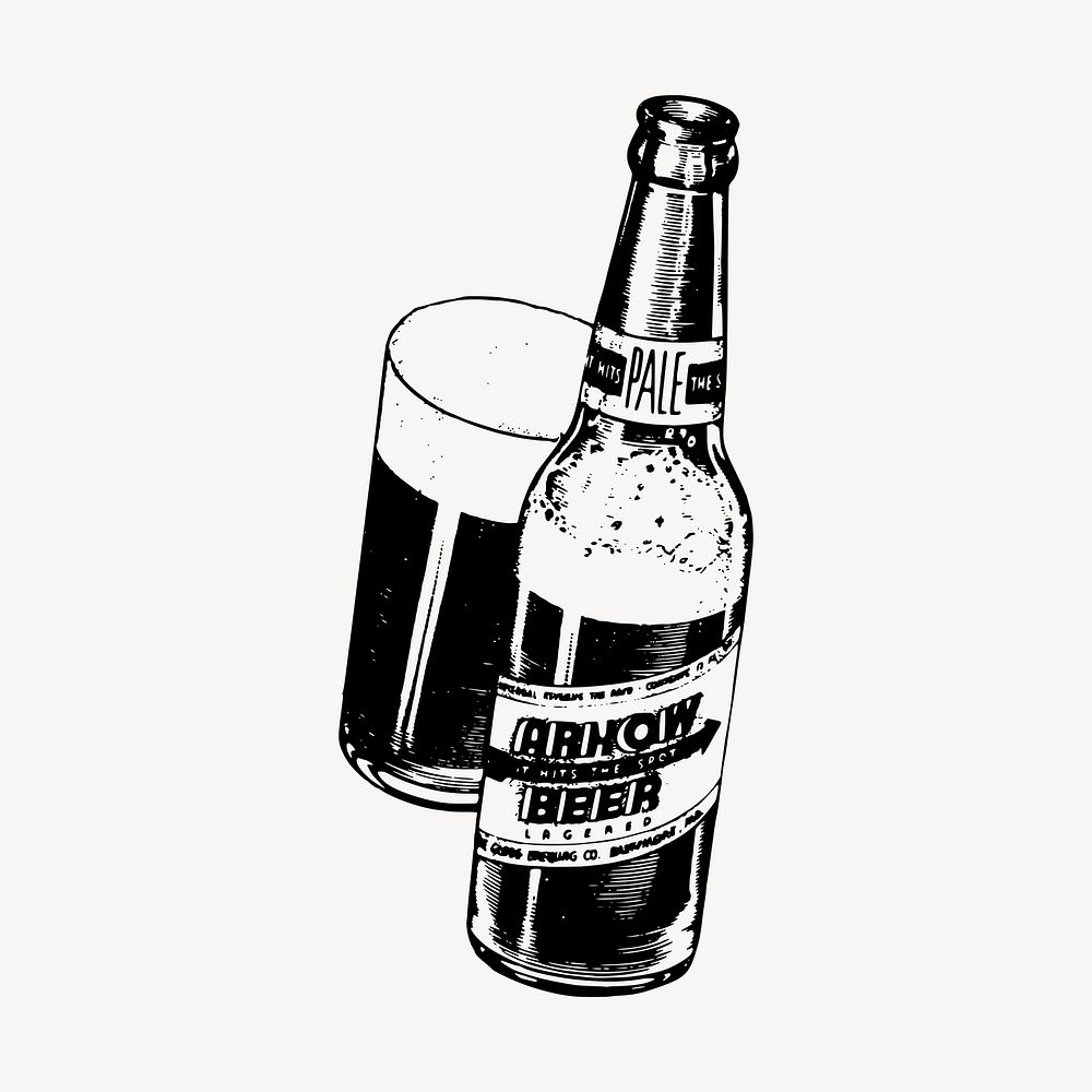 Beer bottle drawing, vintage beverage illustration vector. Free public domain CC0 image.