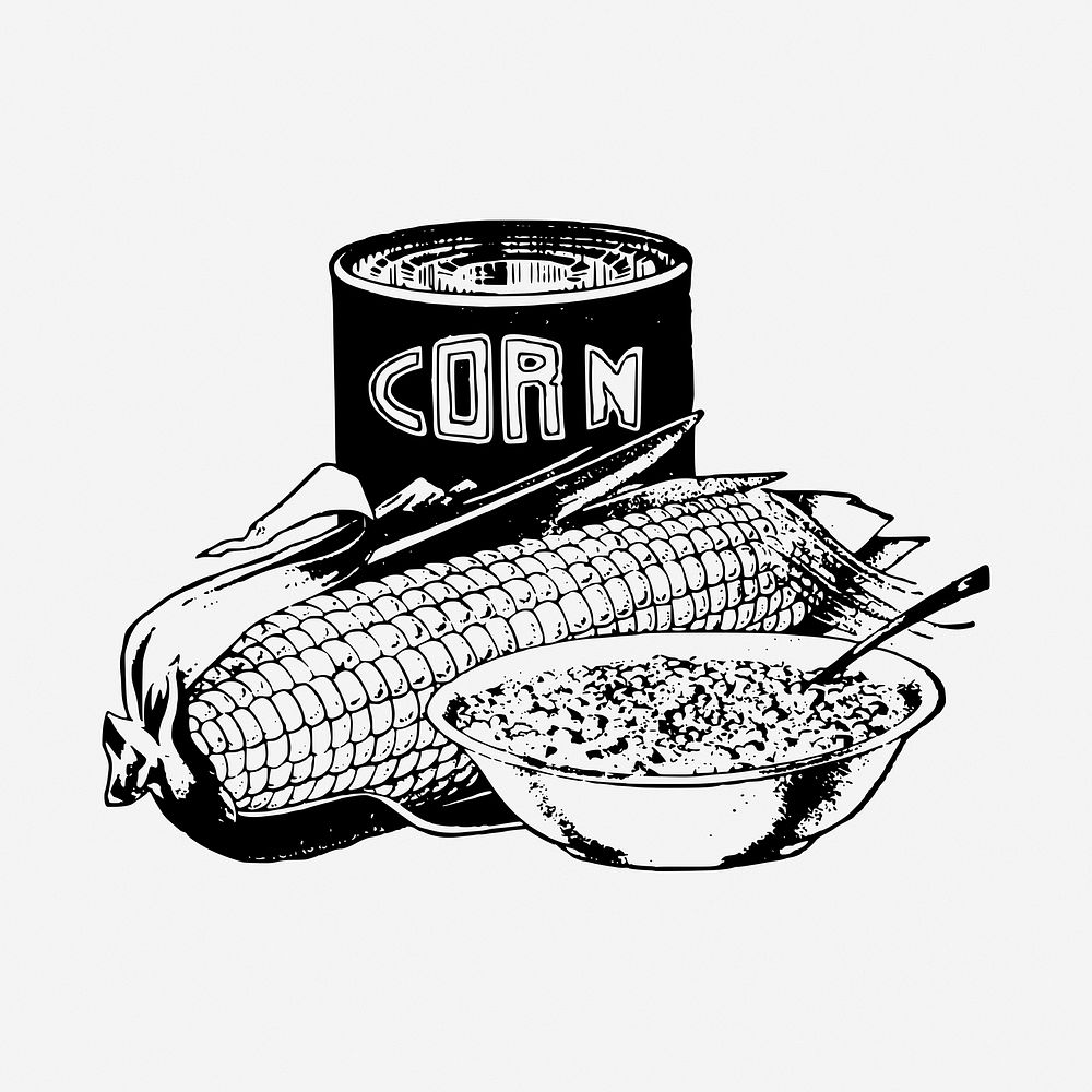 Corn soup can drawing, vintage food illustration. Free public domain CC0 image.