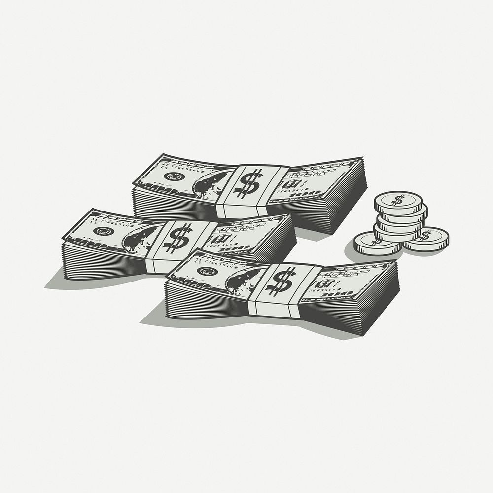 Stacks of money drawing, vintage finance illustration psd. Free public domain CC0 image.